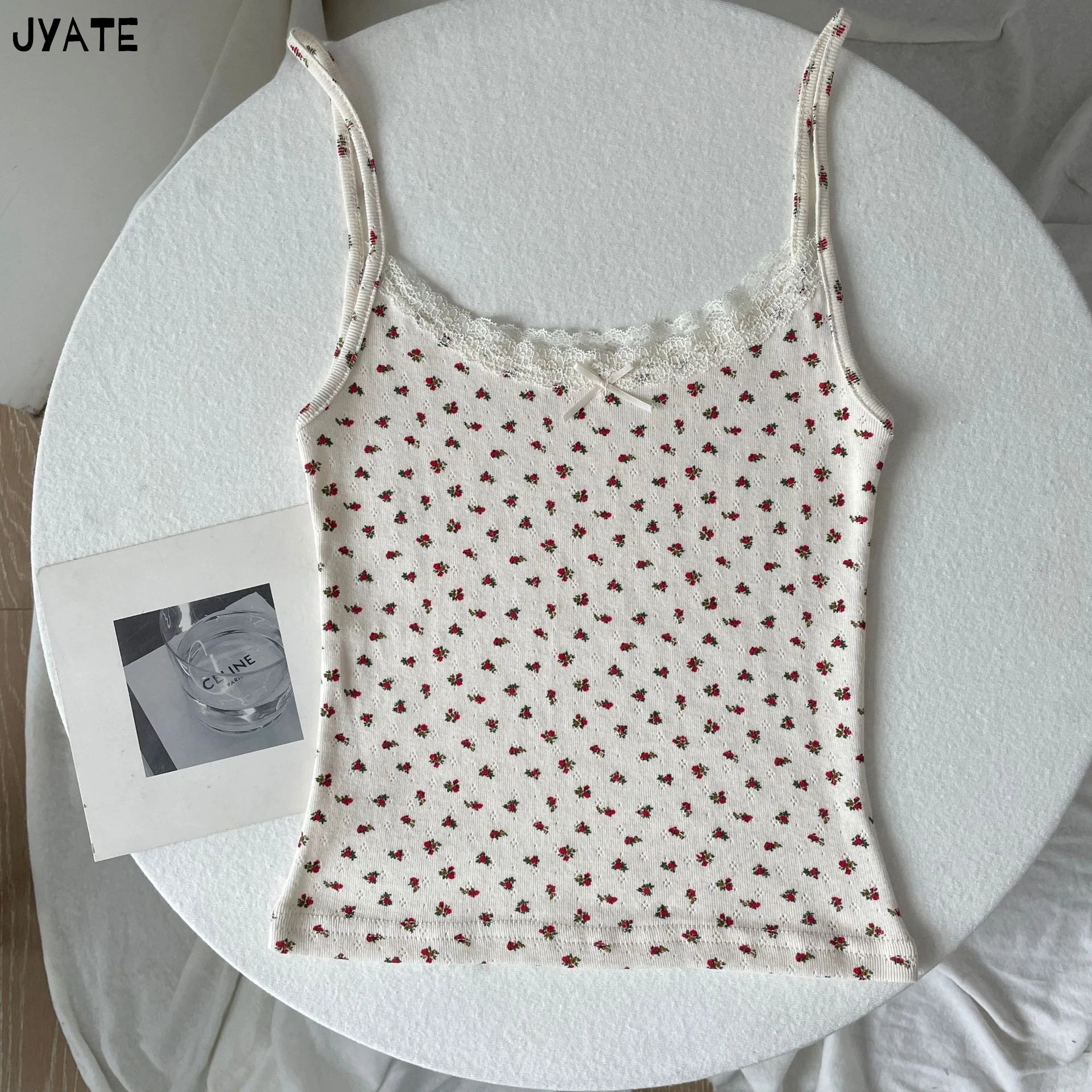 Sweet Floral Print Eyelet Bow Cropped Vests Women Cotton Casual Slim Lace Trim Tank Tops Vintage Preppy Style Cute Camisole Y2K