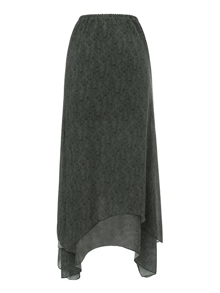 Women Floral Midi Skirts High Waist Mesh Wrapped Irregular Skirt Y2K Aesthetic Grunge Casual Sexy Streetwear