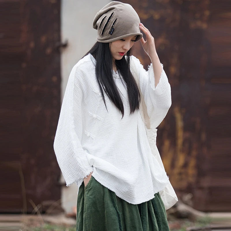 100% Cotton Women Long Sleeve Casual T-shirts New 2025 Spring Vintage Style Solid Color Loose Female Tops Tees Oversized M398