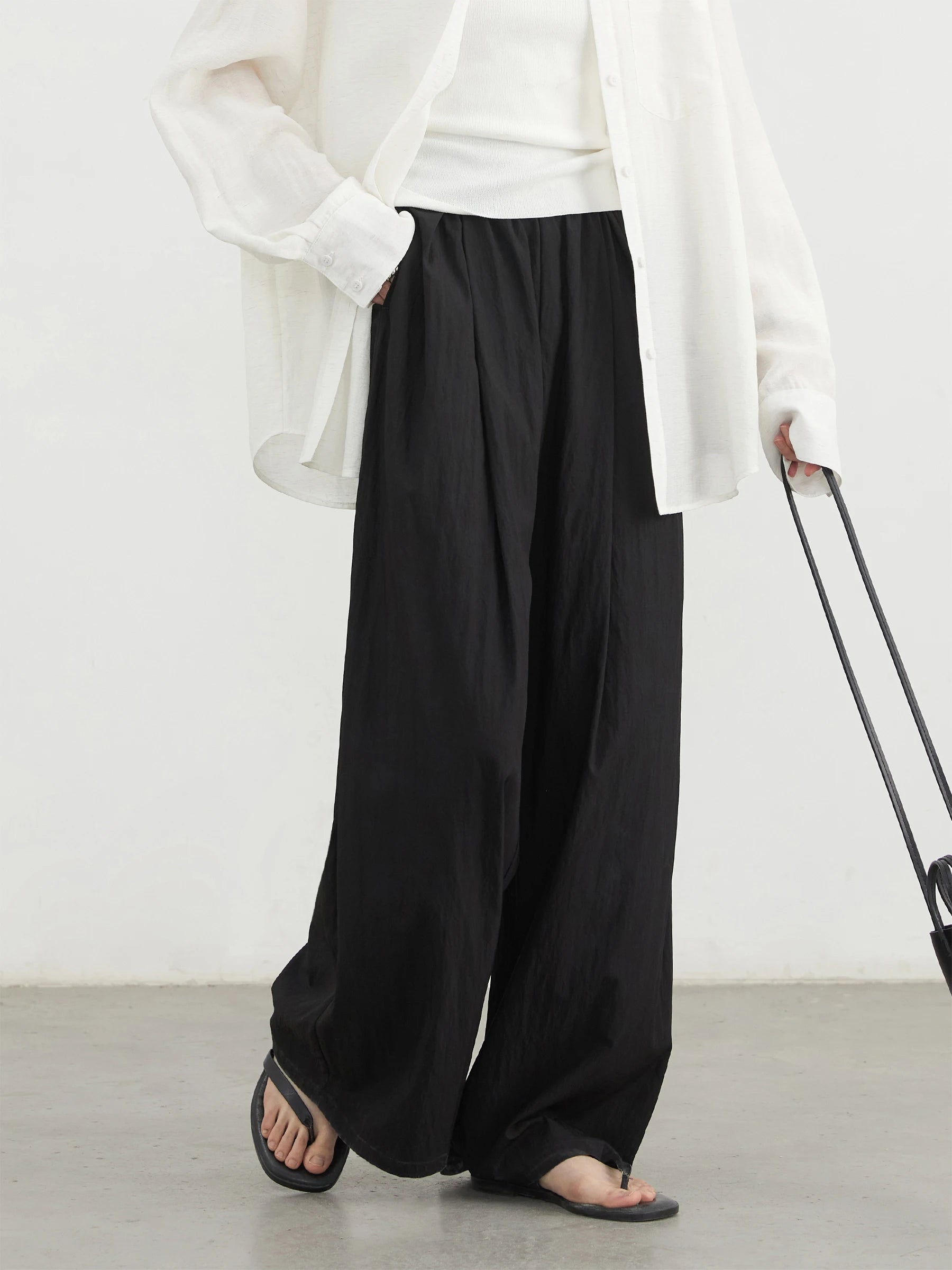 CHIC VEN Women Pants Solid Elastic Waist Loose High Waisted Casual Female Trouser Long  Wide Leg Pant Spring Summer 2025