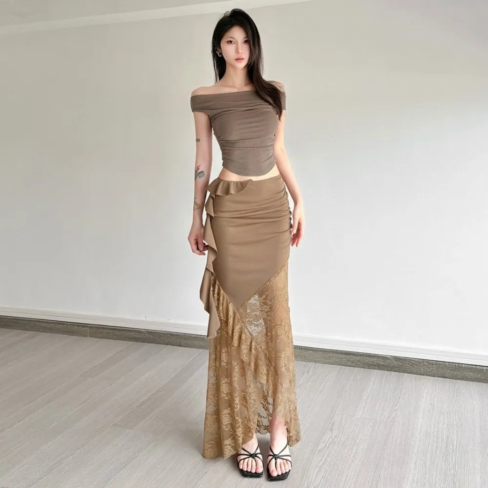 SylCue Mesh Patchwork Long Skirts Women Elastic Waist Solid Ruched Ruffles Tassel Street Fashion Elegant Style Skinny Outfits