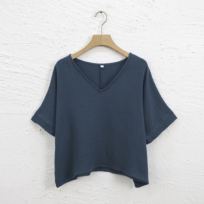 Muslin 100% Cotton Short Sleeve Tee Sexy V-Neck Oversized T-Shirt Streetwear Top Shirts And Blouse Lady Pulovers Camisetas