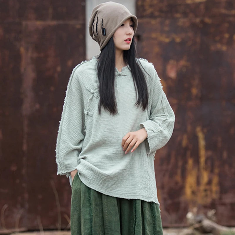 100% Cotton Women Long Sleeve Casual T-shirts New 2025 Spring Vintage Style Solid Color Loose Female Tops Tees Oversized M398