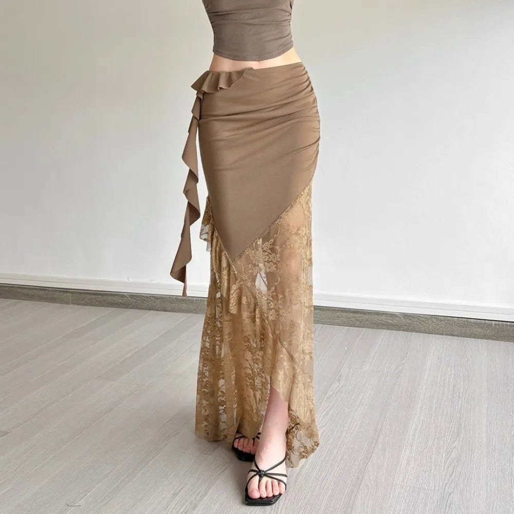 SylCue Mesh Patchwork Long Skirts Women Elastic Waist Solid Ruched Ruffles Tassel Street Fashion Elegant Style Skinny Outfits