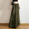 Women Vintage Suede Nap Lace Patchwork Hem Zip Long Skirt Cyber Y2K Chic Drawstring Pocket A-line Skirts Lady Grunge Streetwear