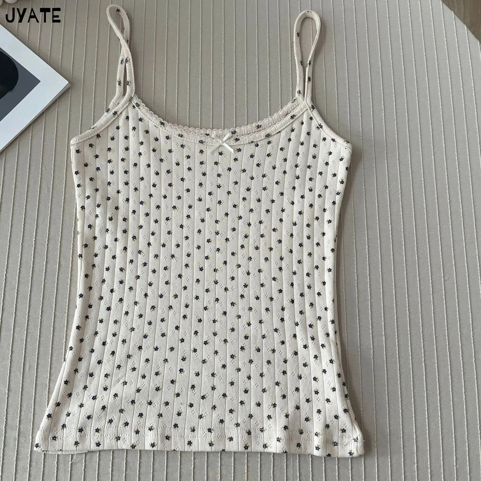 Sweet Floral Print Eyelet Bow Cropped Vests Women Cotton Casual Slim Lace Trim Tank Tops Vintage Preppy Style Cute Camisole Y2K