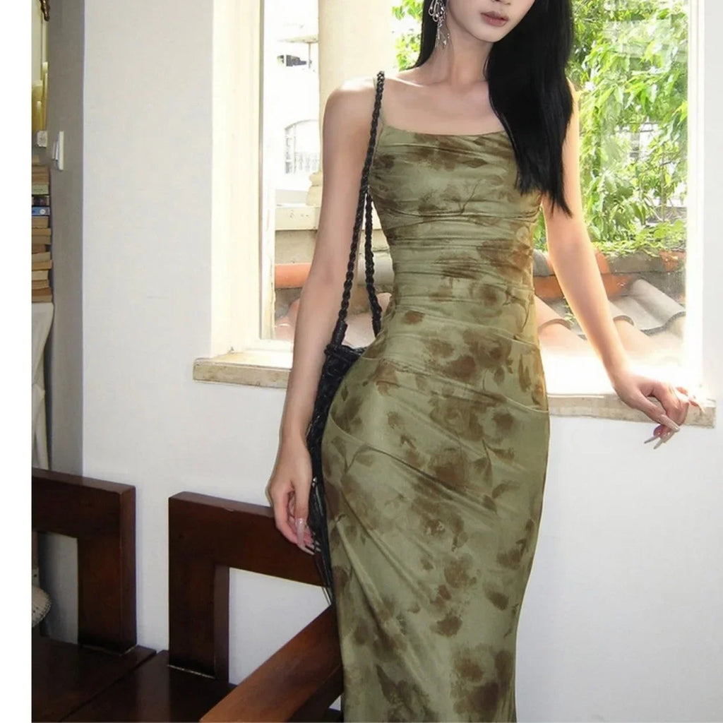Elegant Green Floral Lace Halter Dress Women's Summer Design High Waist Bodycon Fish Tail Long Gown Chinese New Style