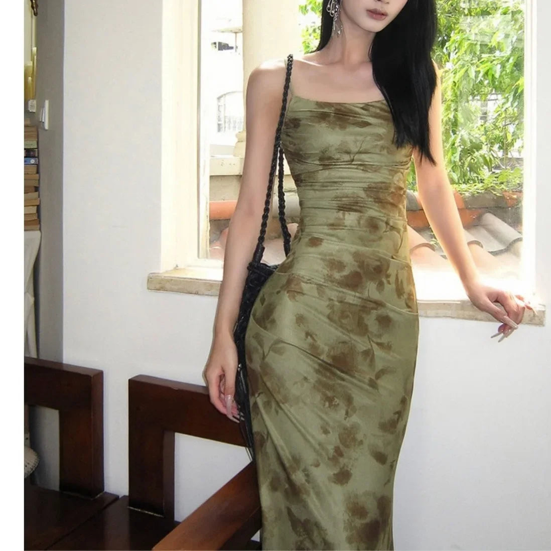 Elegant Green Floral Lace Halter Dress Women's Summer Design High Waist Bodycon Fish Tail Long Gown Chinese New Style