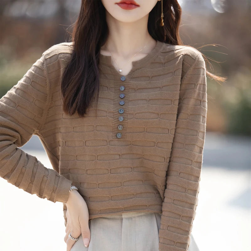 Autumn Winter Women 100% Cotton Sweater V-neck Half Open Buckle Pullover Square Pit Sweater Slim Knitted Warm Bottoming Tops