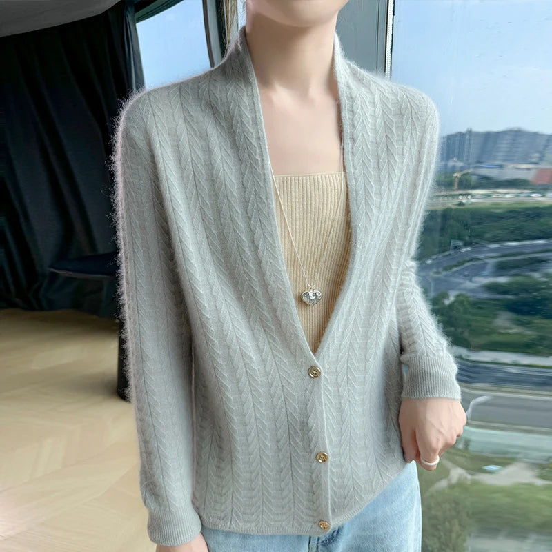 Scarf Collar Women Cardigan Tops Autumn Winter New Chic 100% Merino Wool Sweater Graceful Woman Wool Sweater Elegant Soft Blouse