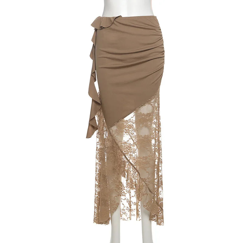 SylCue Mesh Patchwork Long Skirts Women Elastic Waist Solid Ruched Ruffles Tassel Street Fashion Elegant Style Skinny Outfits