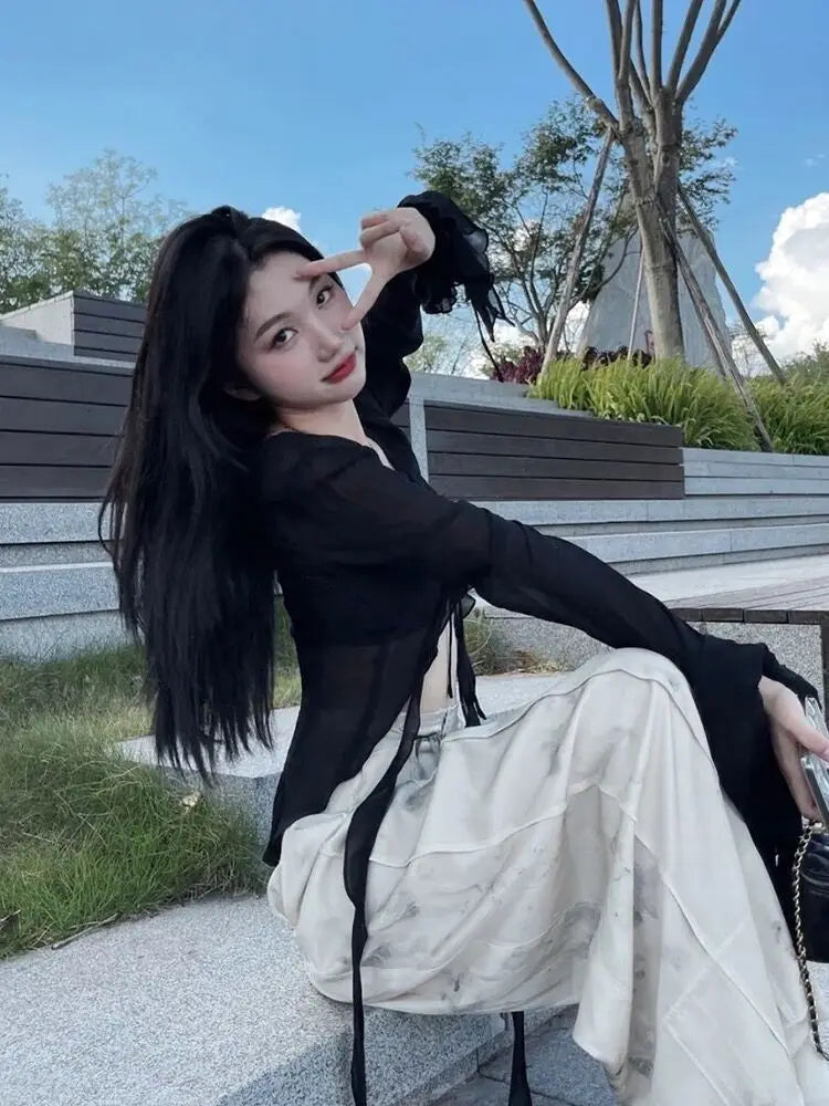 Flare Sleeve Blouses Women Chiffon Breathable Lace-up All-match Elegant V-neck Korean Style Y2k Ruffles Transparent Design Chic