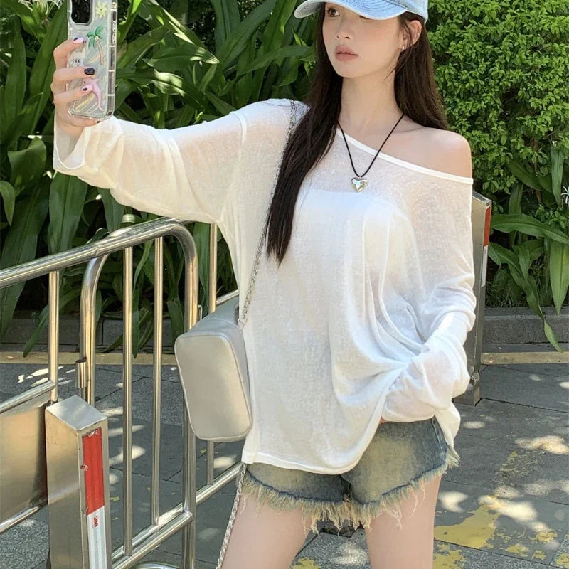 Korean Fashion Women Sheer Loose Tshirts Summer Casual Sun-proof Leisure Long Sleeve Clean Fit Ulzzang Style