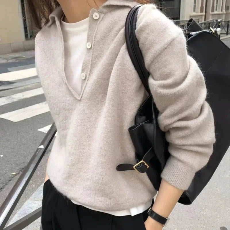 New 2025 women's collar pullover 100% wool sweater for autumn and winter knitting Short versatile women's wool sweater solid col
