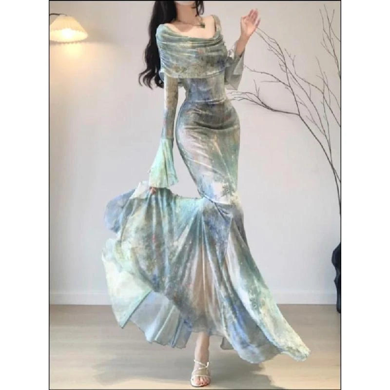 Elegant Evening Party Midi Dress Women Summer Casual Long Sleeve Sexy Slash Neck Dress One Piece Dress Korean Fashion Vintage