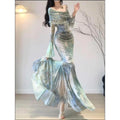 Elegant Evening Party Midi Dress Women Summer Casual Long Sleeve Sexy Slash Neck Dress One Piece Dress Korean Fashion Vintage