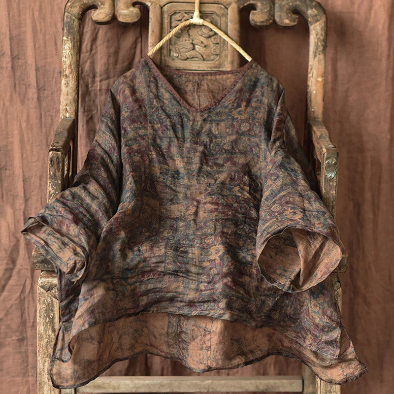 Oversized Women Casual Linen T-shirts New 2025 Summer Vintage Style V-neck Floral Print Loose Female Casual Tops Tees M739