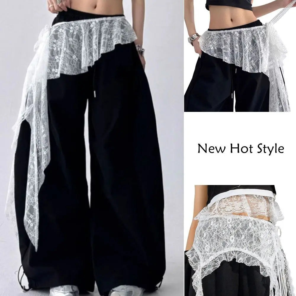 Embroidered Flower Lace Mini Skirt Irregular Y2K Streetwear Ruched Skirts See Through High Waist Lace Up Ruffles Skirt