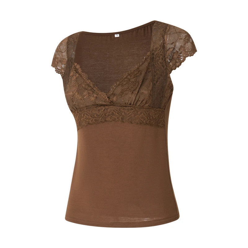 Xingqing Brown Lace Crop Tops Vintage Aesthetic Women V Neck Short Sleeve T Shirt y2k Fairy Grunge Clothes 2000s Streetwear
