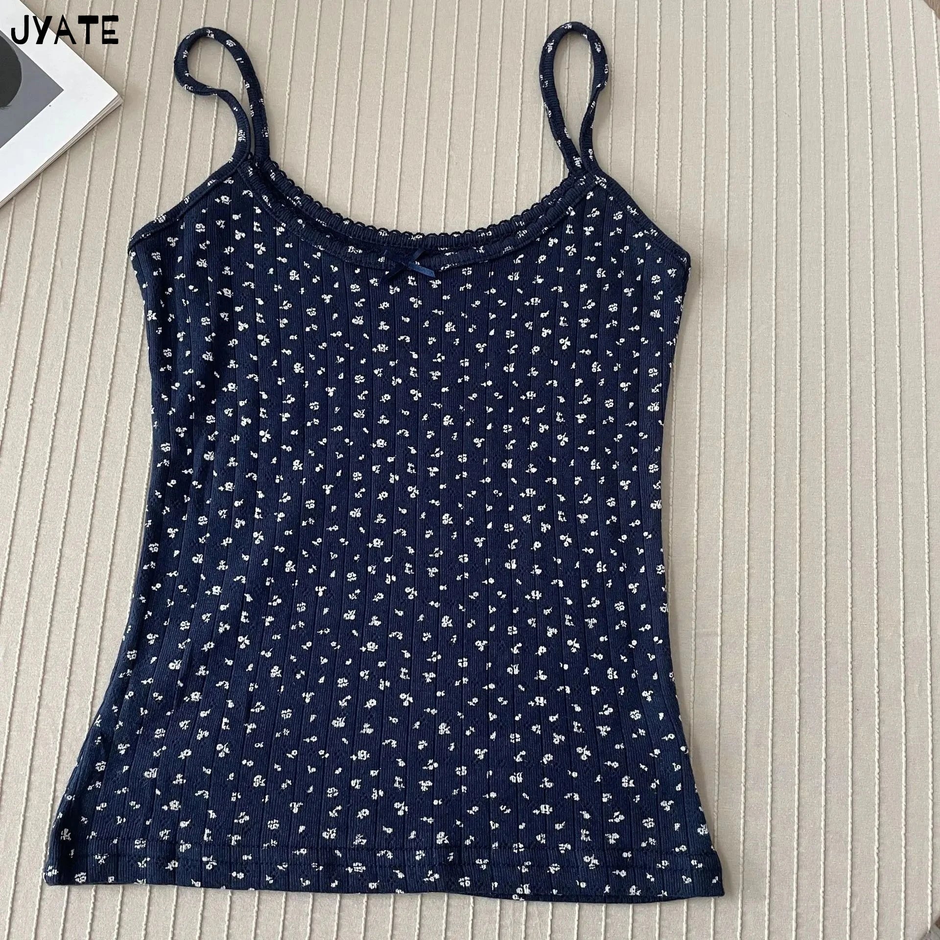 Sweet Floral Print Eyelet Bow Cropped Vests Women Cotton Casual Slim Lace Trim Tank Tops Vintage Preppy Style Cute Camisole Y2K