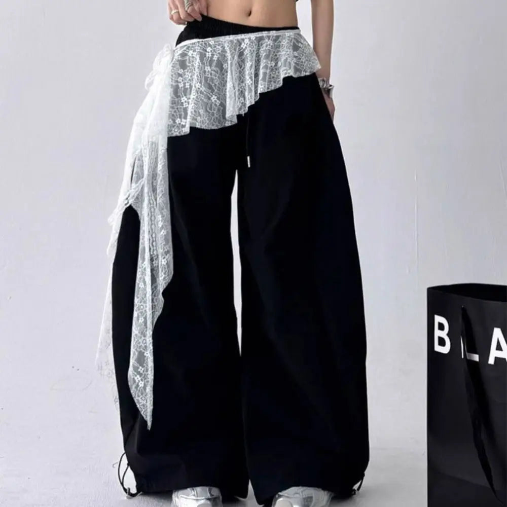Embroidered Flower Lace Mini Skirt Irregular Y2K Streetwear Ruched Skirts See Through High Waist Lace Up Ruffles Skirt