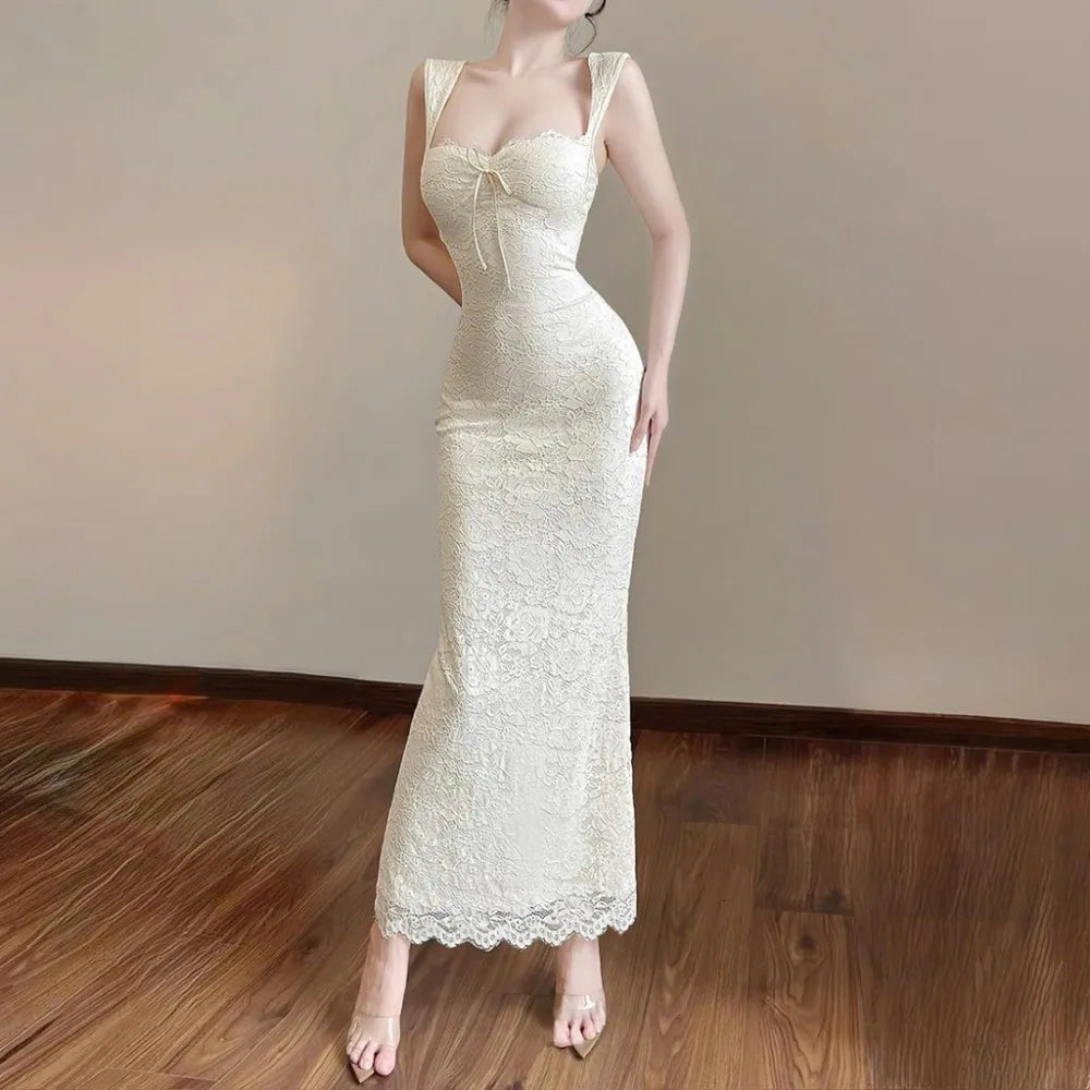SylCue Jacquard Elegant Maxi Dress Women Square Collar Shirring Backless Sleeveless Midnight Prom Party Hipster Skinny Vestidos