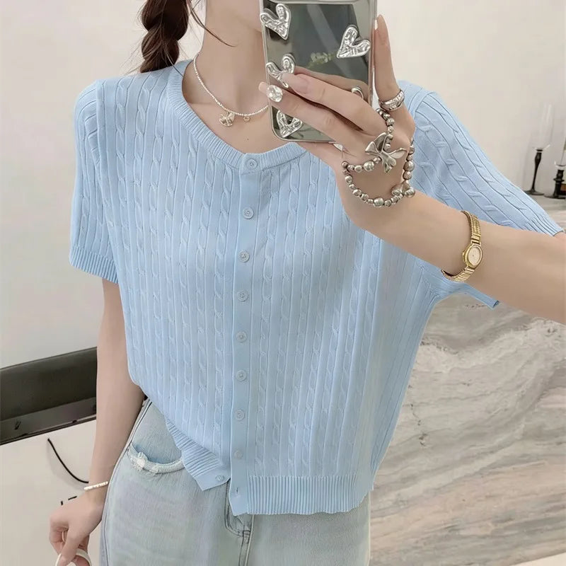 Knitwears Knitted Sweater Women Cardigans O-Neck White Knit Sweater Cardigan Women Tops New Summer Short Sleeve Sweaters Q3730