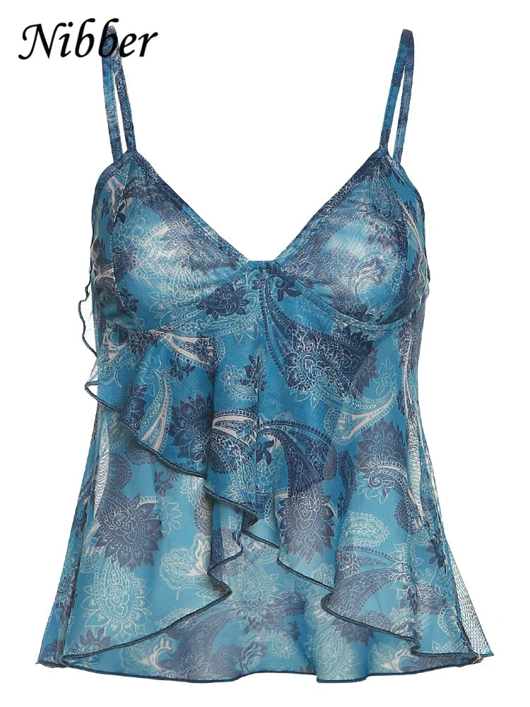 Nibber Mesh See Through Printed Vest Women Sexy Casual V-neck Sleeveless Suspender Camisole Patchwork Tank Top Streetwear