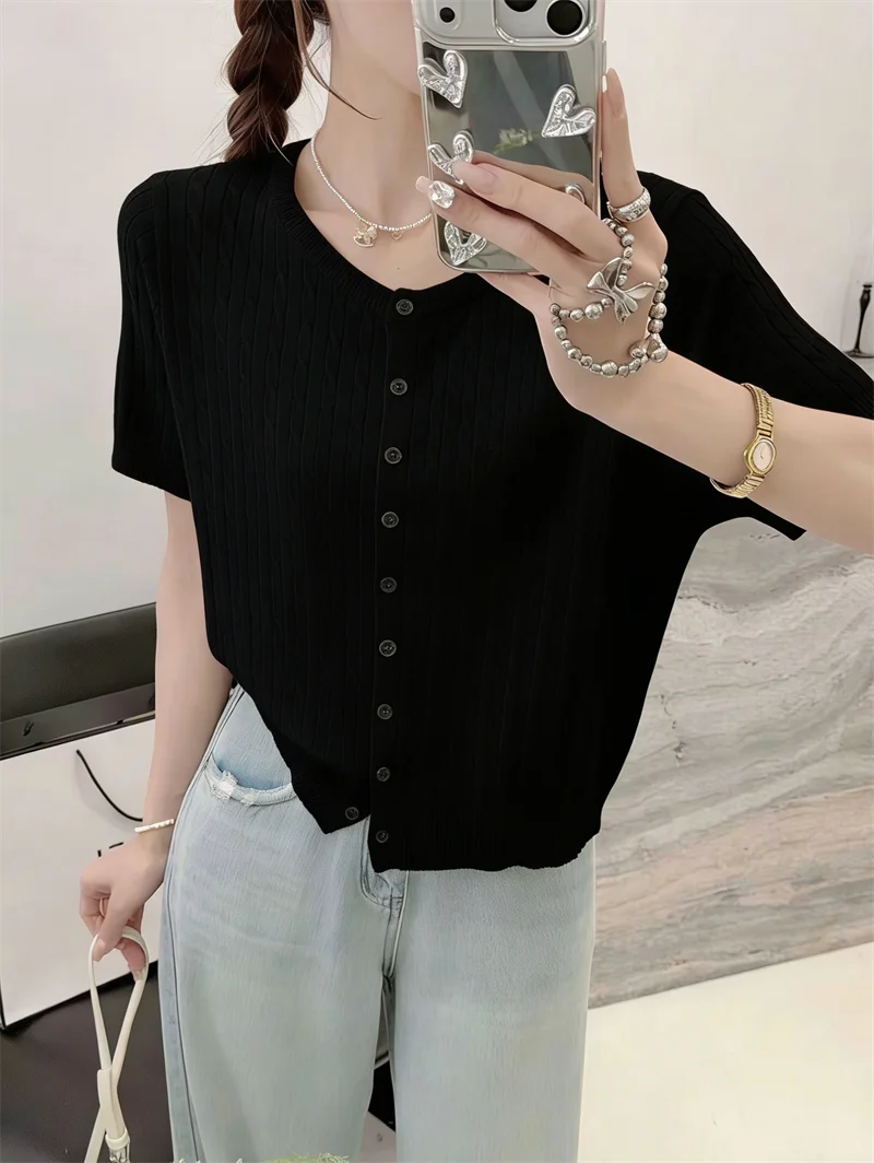 Knitwears Knitted Sweater Women Cardigans O-Neck White Knit Sweater Cardigan Women Tops New Summer Short Sleeve Sweaters Q3730