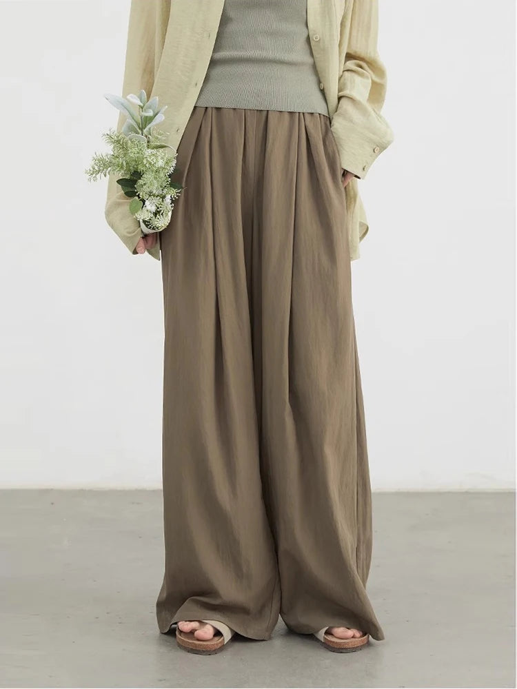 CHIC VEN Women Pants Solid Elastic Waist Loose High Waisted Casual Female Trouser Long  Wide Leg Pant Spring Summer 2025