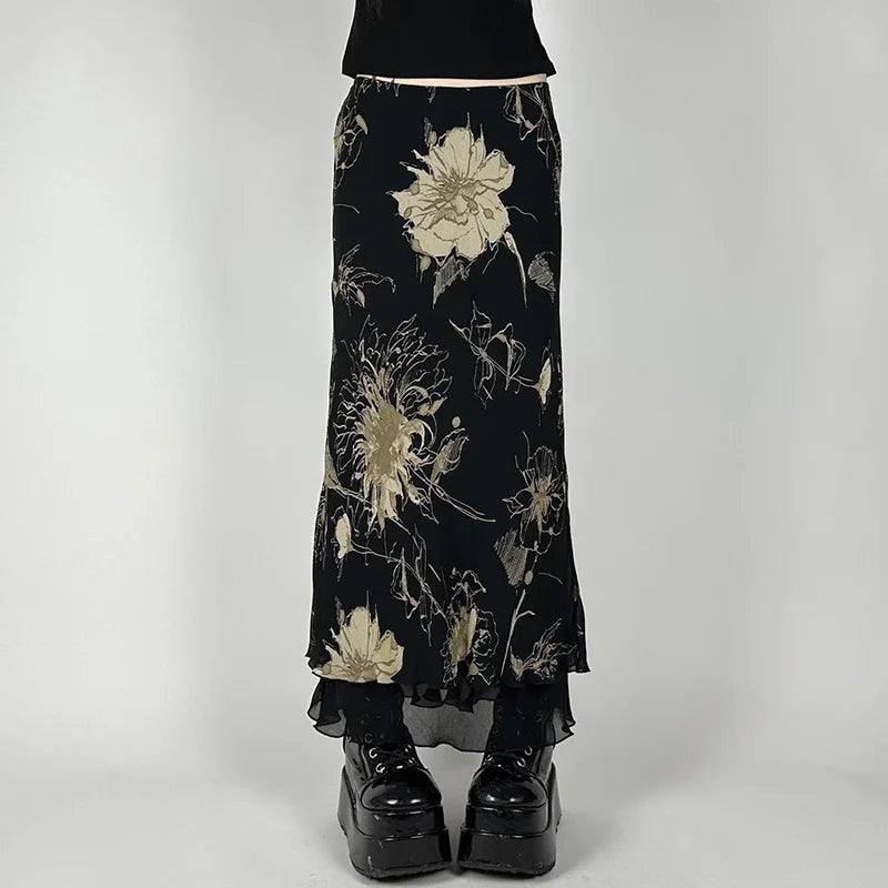 Y2K Aesthetics Mesh A-line Skirt Women Floral Print Slim Skirts Fairy Streetwear Gothic Bottoms Vintage Sweet Trendy 2026 New