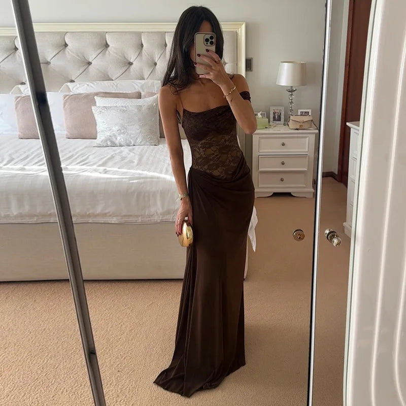 Luxury Women's Brown Curvy Dress Sexy One Shoulder Lace Transparent Party Evening Long Dresses Female Black Burgundy New Summer