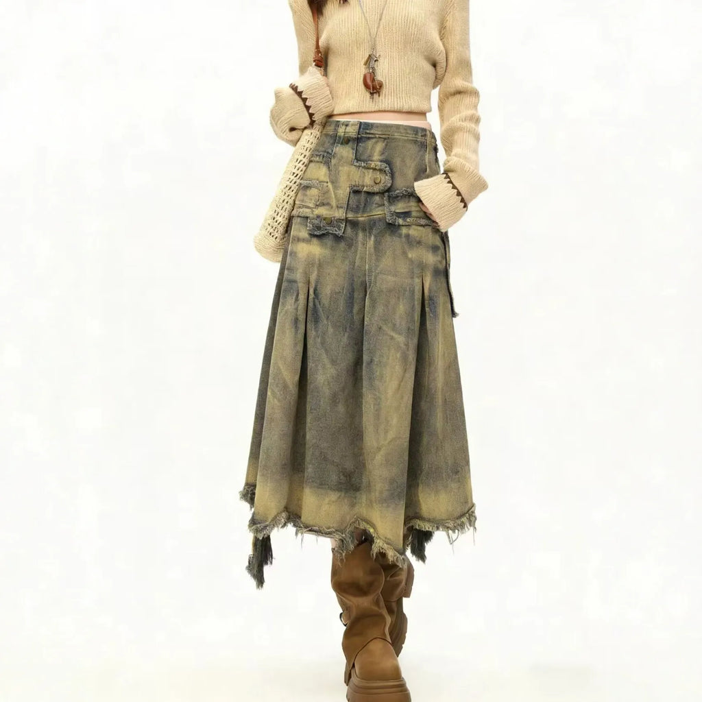 Retro Old Rough Edge Denim Skirt Women's 2026 New A-shaped Skirt Irregular Design