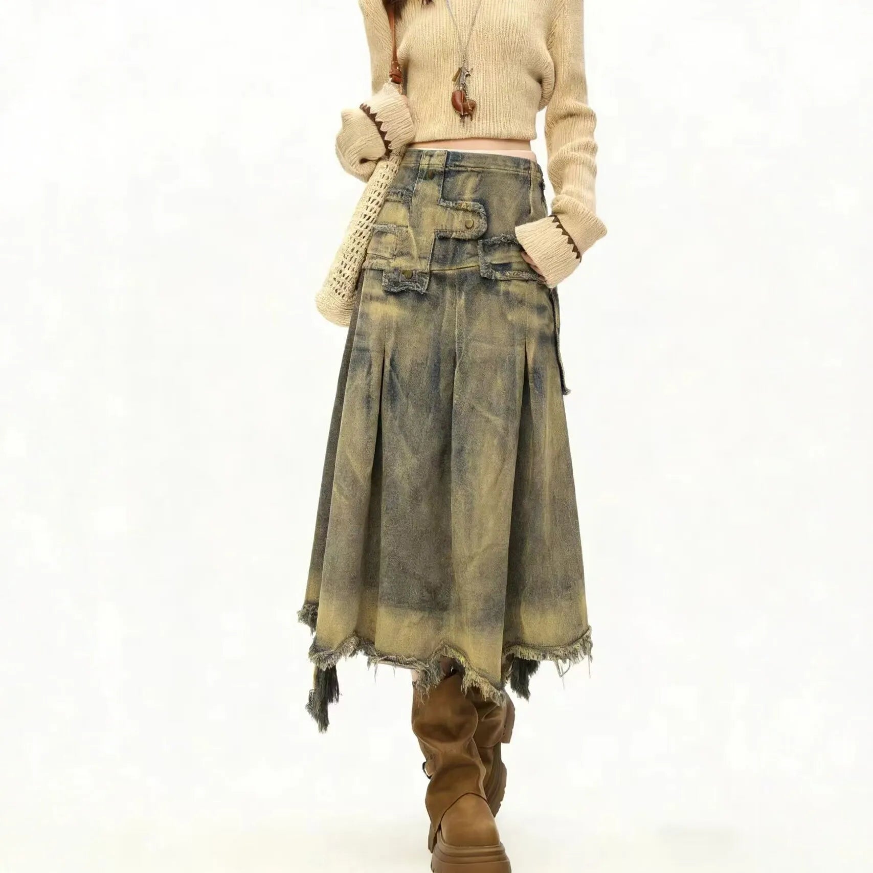 Retro Old Rough Edge Denim Skirt Women's 2026 New A-shaped Skirt Irregular Design