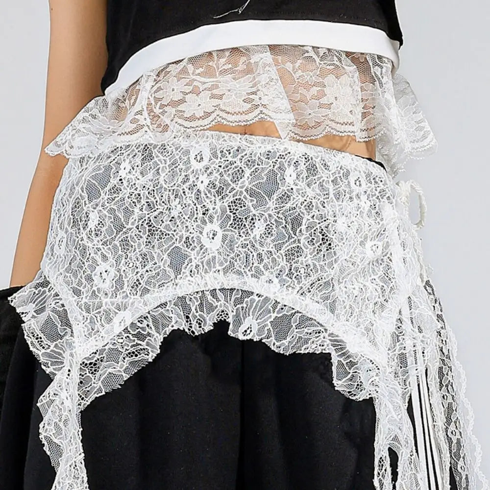 Embroidered Flower Lace Mini Skirt Irregular Y2K Streetwear Ruched Skirts See Through High Waist Lace Up Ruffles Skirt