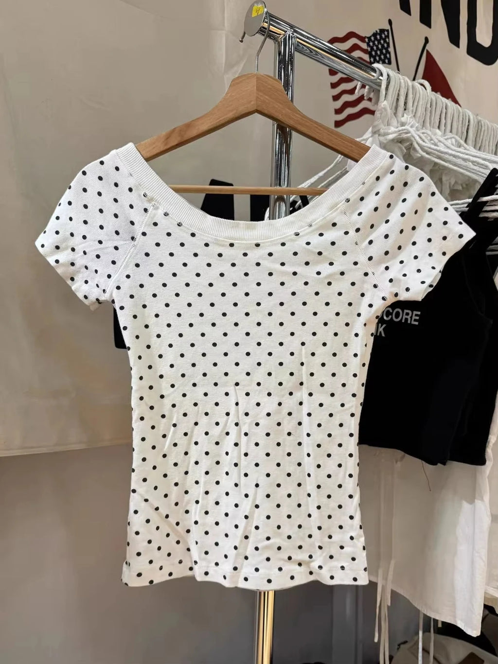 Slash Neck Short Raglan sleeve Cotton Tee Shirts Women Casual Preppy Style White Slim Tshirts Female Sweet Polka Dot T-shirt Y2K