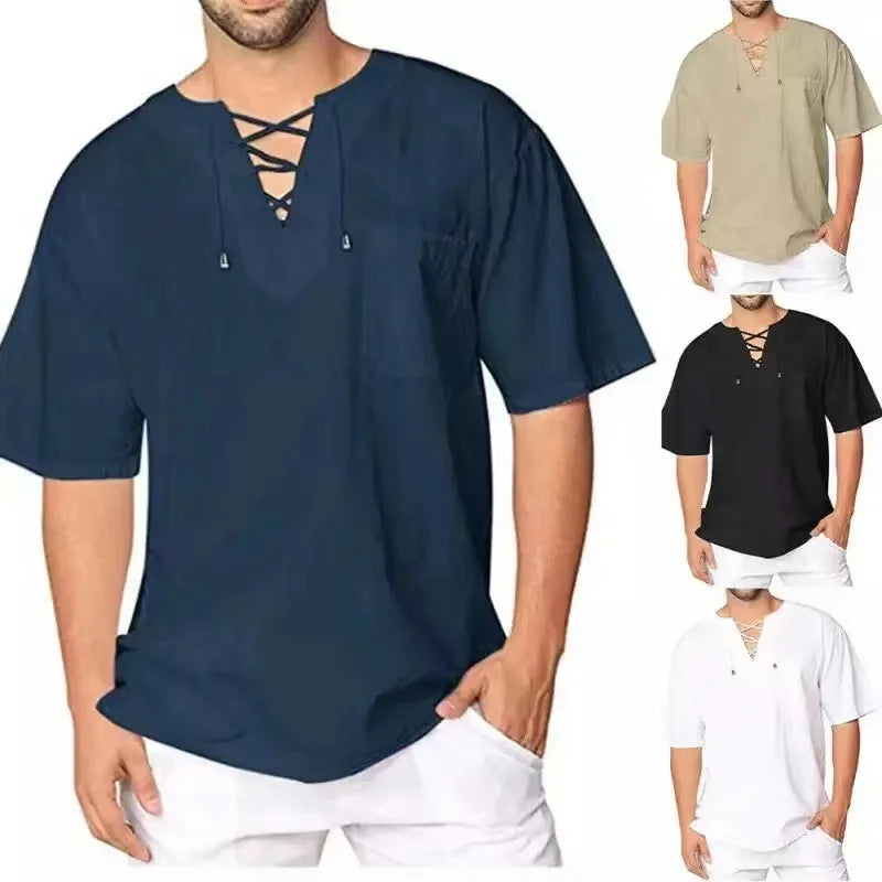 Plus Size Men's Tee Shirt Solid Tops Pullover V Neck Lace-up Loose Top Summer Holiday Beach Casual Half Sleeve Tops Linen Top