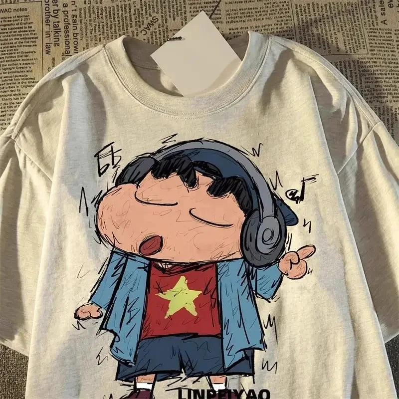 Fun Crayon Shin Chan Retro Cartoon Short Sleeved T-shirt Summer Loose Street Couple Half Sleeve Top Suitable Both Men and Women