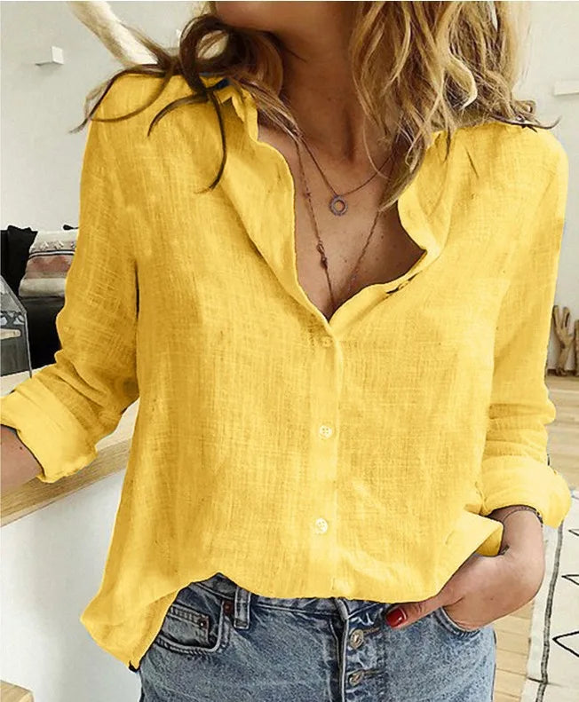 Elegant Cotton Linen Shirts Women Casual Solid Button Lapel Blouses Shirts Spring Summer Long Sleeve Loose Tops Tunic Blusas