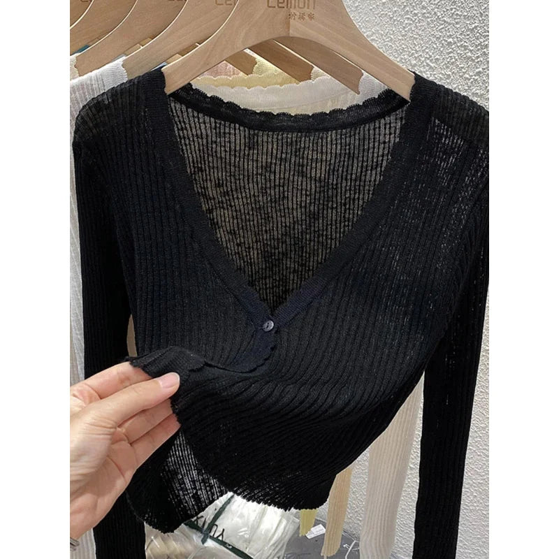 Short Ice Silk Knitted Sun Protection Cardigan Women's Thin Summer Autumn Suspender Skirt Layered Gauze Jacket