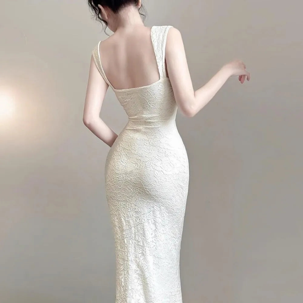 SylCue Jacquard Elegant Maxi Dress Women Square Collar Shirring Backless Sleeveless Midnight Prom Party Hipster Skinny Vestidos
