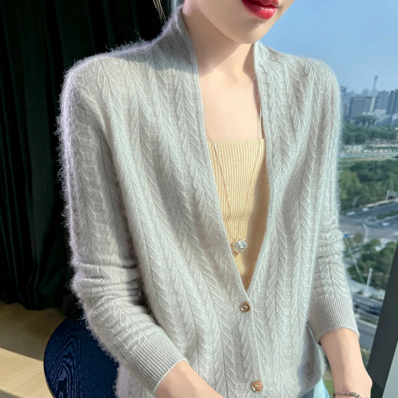 Scarf Collar Women Cardigan Tops Autumn Winter New Chic 100% Merino Wool Sweater Graceful Woman Wool Sweater Elegant Soft Blouse
