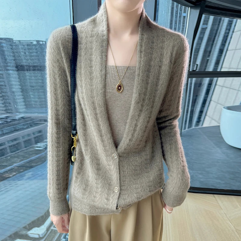 Scarf Collar Women Cardigan Tops Autumn Winter New Chic 100% Merino Wool Sweater Graceful Woman Wool Sweater Elegant Soft Blouse