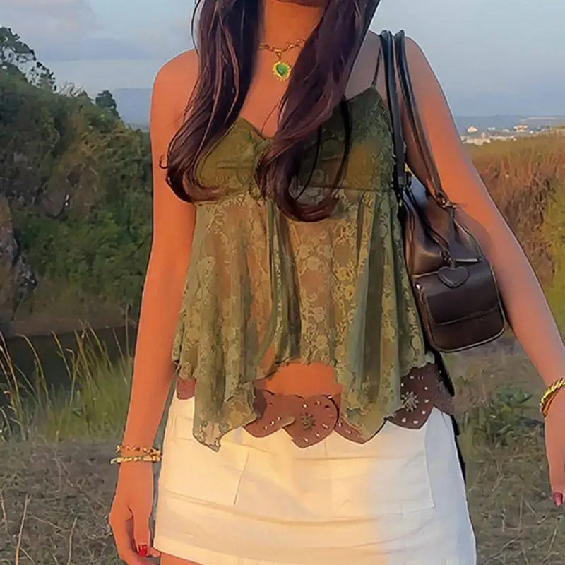 2026 New Arrival Women Fashion Sexy Spicy Green Cami Top Off Shoulder Slim Fit Stylish Streetwear Trendy Sleeveless Vest