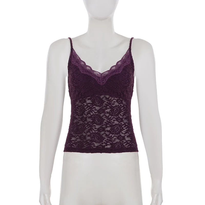 SUCHCUTE Sexy Purple Lace Camisole Women Slim V-neck Spaghetti Strap Top Summer Sleeveless Coquette Vest y2k Fairycore Clothing