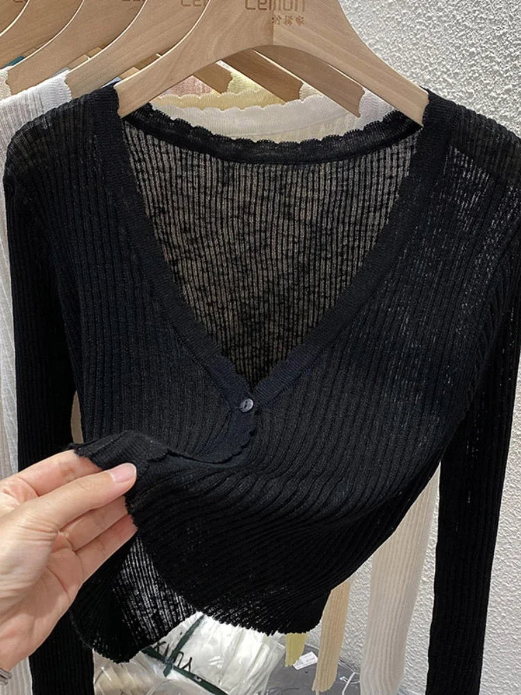 Short Ice Silk Knitted Sun Protection Cardigan Women's Thin Summer Autumn Suspender Skirt Layered Gauze Jacket