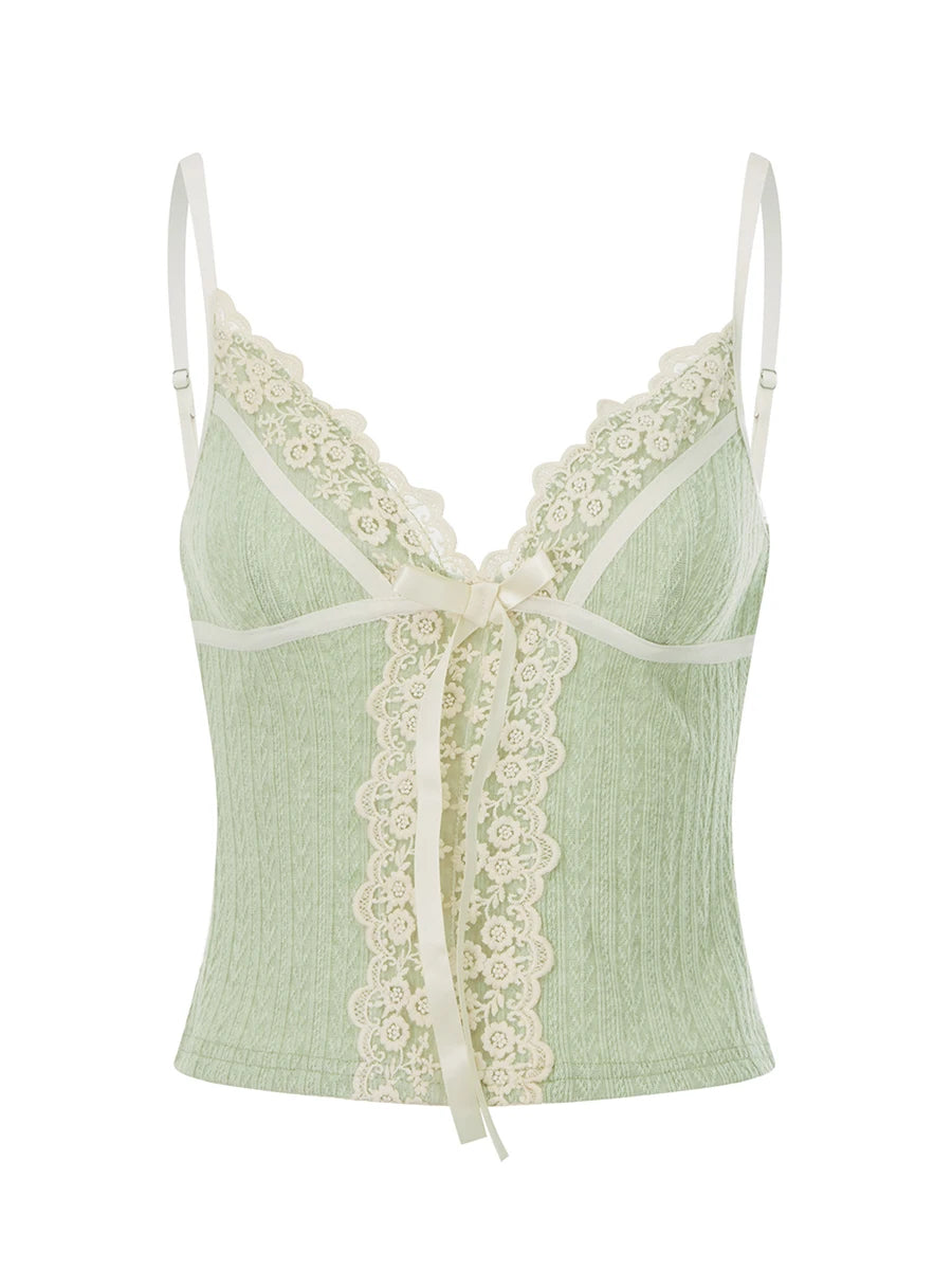 Women Lace Trim Vest Sleeveless V Neck Bow Slim Fit Tank Top Summer Casual Retro Y2K Crop Tops