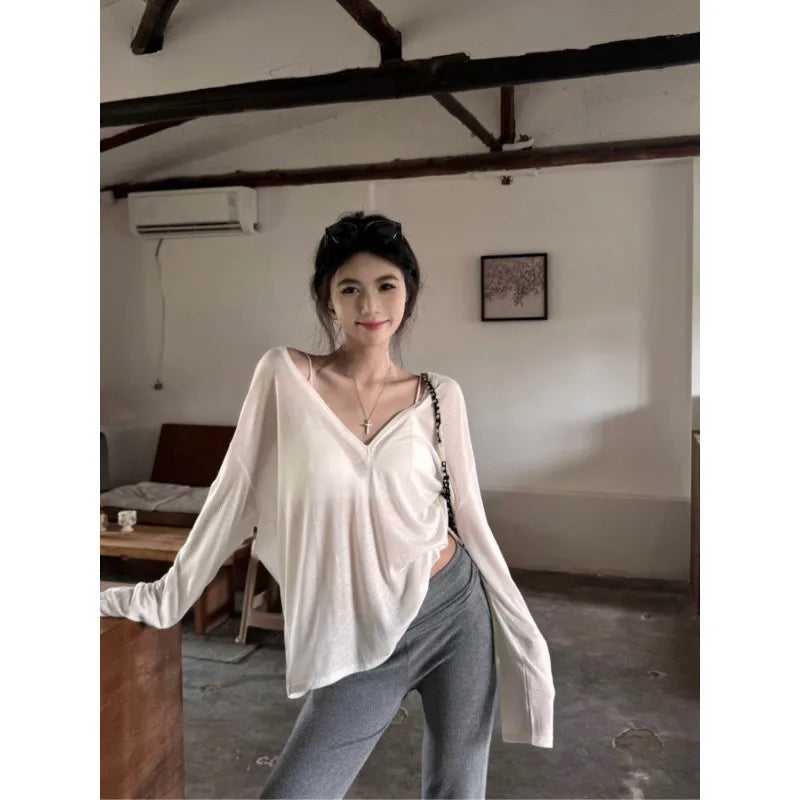 Thin Perspective Long Sleeved T-shirt for Women's Summer Loose Casual Korean Base Sun Protection Cover Up Top for Women