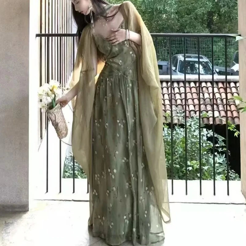 2025 New Vintage Elegant French Floral Print V-neck Strapless Midi Dress Retro Women's Sweet Summer Vacation Style Long Dresses