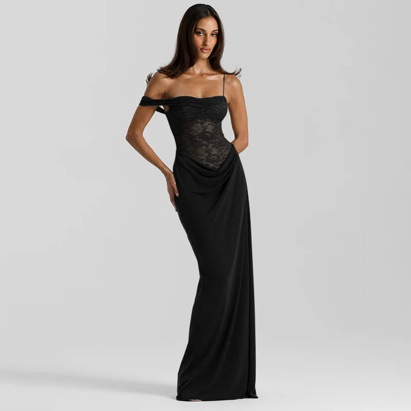 Luxury Women's Brown Curvy Dress Sexy One Shoulder Lace Transparent Party Evening Long Dresses Female Black Burgundy New Summer